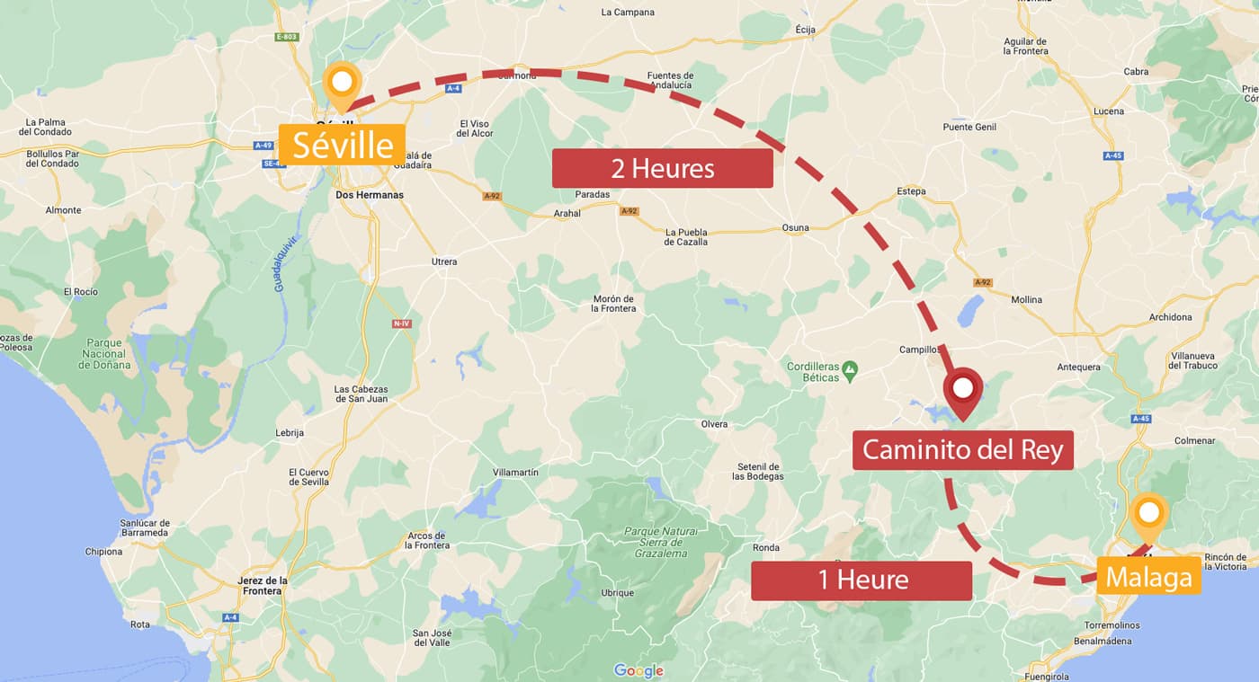 Localisation du Caminito del Rey depuis Séville